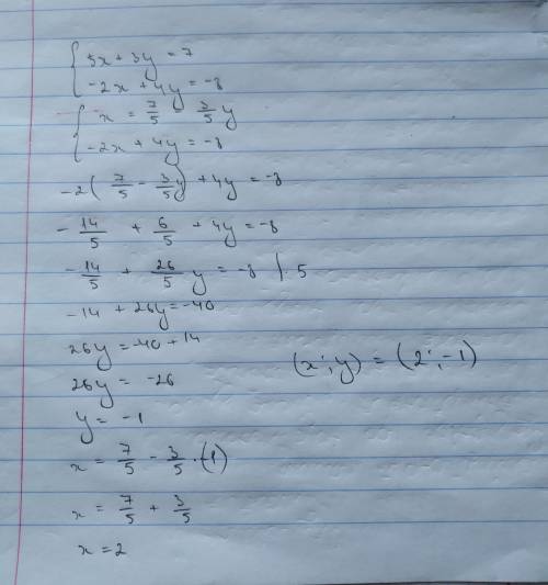 Розв'яжіть систему рівнянь 5х+3у=7 -2х+4у=-8 Пожайлуста!!!