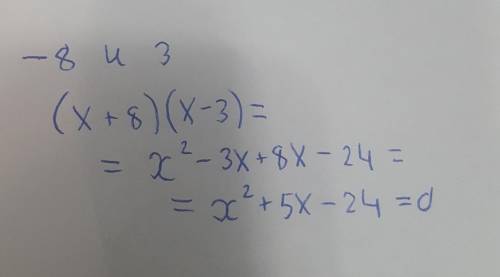 Складіть зведене квадратне рівняння, коренями якого є числа -8 і 3