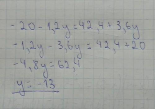  Реши уравнение: −20−1,2y=42,4+3,6y. 