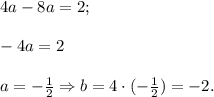 4a-8a=2;\\\\-4a=2\\\\a=-\frac{1}{2}\Rightarrow b=4\cdot(-\frac{1}{2})=-2.