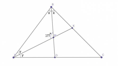  Биссектрисы углов А и B треугольника ABC пересекаются в точке м.Найдите C, если АMB = 177​ 