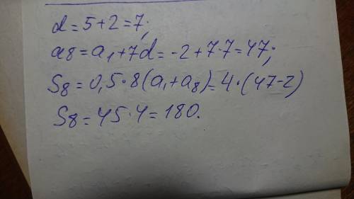  Вычисли сумму первых 8 членов арифметической прогрессии (an), если даны первые члены: −2;5...S8 = ​