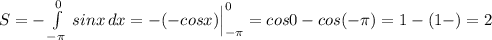 S=-\int\limits^0_{-\pi}\, sinx\, dx=-(-cosx)\Big|_{-\pi }^0=cos0-cos(-\pi )=1-(1-)=2