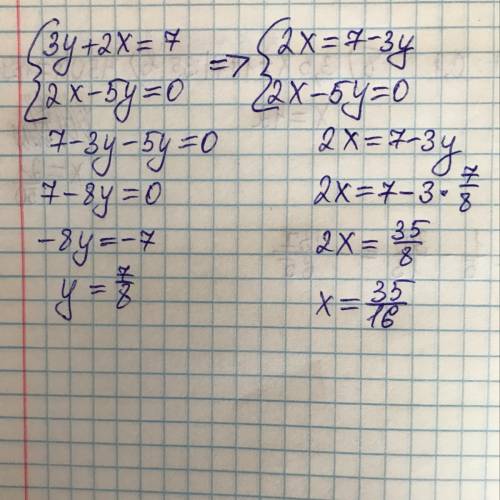 Реши систему уравнений: {3y+2x=7 2x−5y=0 ответ: (При необходимости ответ округлите до сотых!) x= ;y
