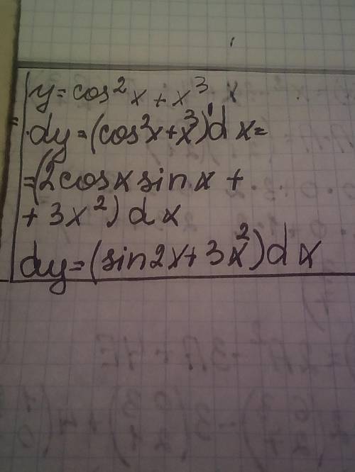 Найти дифференциал функций: (Берілген функцияның дифференциалын анықта?) у=соs(в квадрате)x+x(в кубе