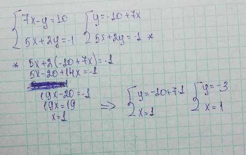  Решите систему уравнений 7х-у=10 5х+2у=-1