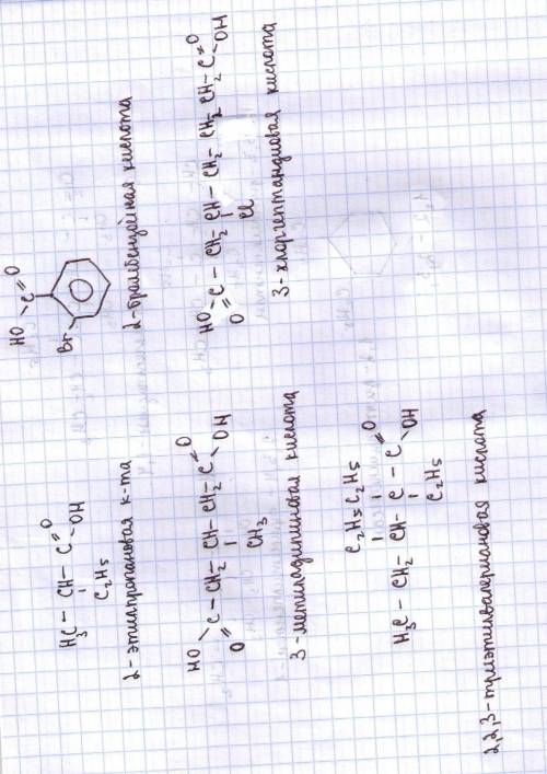 Скласти структурні формули речовин: 2-етилпропанова кислота; 3-метиладипінова кислота; 2-бромбензойн