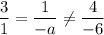 \dfrac31 =\dfrac{1}{-a} \ne \dfrac4{-6} 