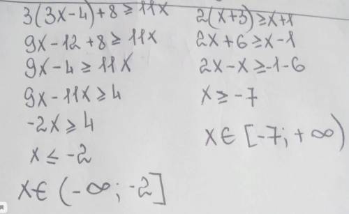  Написать на листочке розв'яжіть систему нерівностей 3(3х-4)+8≥11х і 2(х+3)≥х+1