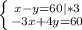 \left \{ {{x-y=60}|*3 \atop {-3x+4y=60}} \right.