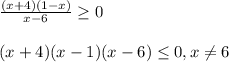 \frac{(x+4)(1-x)}{x-6}\geq 0\\\\(x+4)(x-1)(x-6)\leq0,x\neq 6