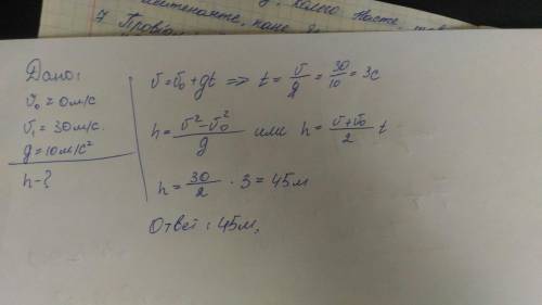  Тело свободно падало с некоторой высоты и в момент падения на землю имело скорость 30 м/с. С какой 