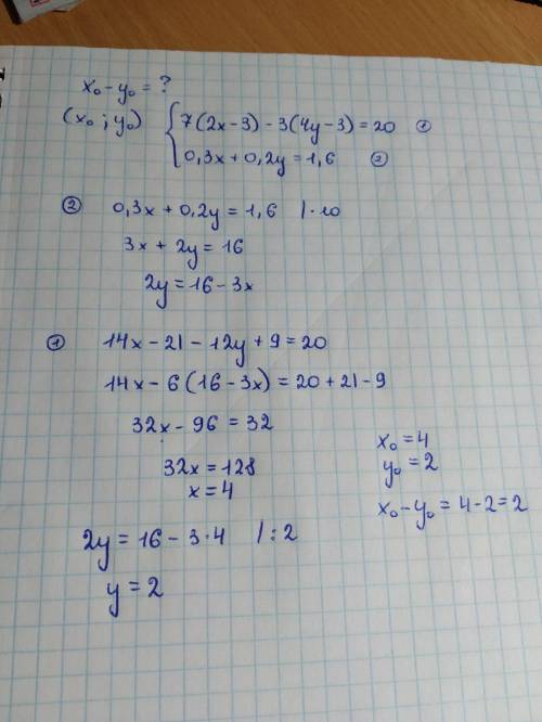  Найдите значение выражения х0-у0, если (х0;у0) - решение системы уравнений - 7(2х-3)-3(4у-3) равно 