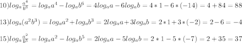 10)log_{a} \frac{a^{4}}{b^{6}}=log_{a}a^{4}-log_{a}b^{6}=4log_{a}a-6log_{a}b=4*1-6*(-14)=4+84=88\\\\13)log_{a}(a^{2}b^{3})=log_{a}a^{2}+log_{a}b^{3}=2log_{a}a+3log_{a}b=2*1+3*(-2)=2-6=-4\\\\15)log_{a} \frac{a^{2}}{b^{5}}=log_{a}a^{2}-log_{a}b^{5}=2log_{a}a-5log_{a}b=2*1-5*(-7)=2+35=37