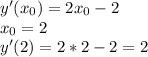 y'(x_{0} )=2x_{0}-2\\x_{0}=2\\y'(2)=2*2-2=2