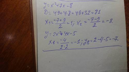  Знайдіть нулі функції y=x²+7x-8 Знайдіть координати вершин параболи y=2x²+4x-5 