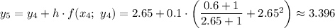 y_5=y_4+h\cdot f(x_4;\ y_4)=2.65+0.1\cdot\left(\dfrac{0.6+1}{2.65+1} +2.65^2\right)\approx3.396