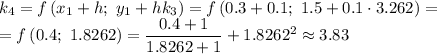 k_4=f\left(x_1+h ;\ y_1+hk_3\right)=f\left(0.3+0.1 ;\ 1.5+0.1\cdot3.262\right)=\\=f\left(0.4 ;\ 1.8262\right)=\dfrac{0.4+1}{1.8262+1} +1.8262^2\approx3.83
