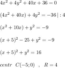 4x^2+4y^2+40x+36=0\\\\(4x^2+40x)+4y^2=-36\, |:4\\\\(x^2+10x)+y^2=-9\\\\(x+5)^2-25+y^2=-9\\\\(x+5)^2+y^2=16\\\\centr\ \ C(-5;0)\ \ ,\ \ R=4