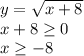 y=\sqrt{x+8} \\x+8\geq 0\\x\geq -8