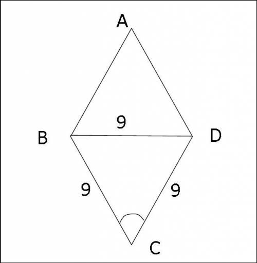 Периметр ромба ABCD равен 36 см а его диагональ BD равна 9 см Какова градусная мера угла C​.