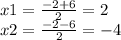 x1=\frac{-2+6}{2} =2\\x2=\frac{-2-6}{2} =-4
