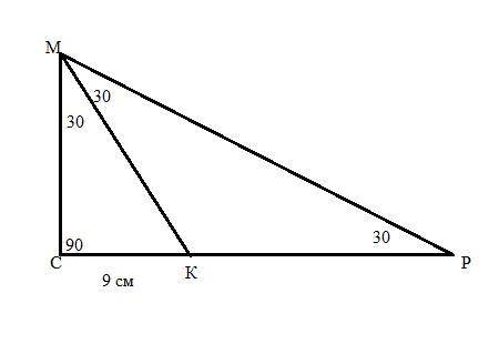 в прямом треугольнике МСР ∠С=90° МК бисектрисв трегольника ∠СМР=60°. Найти длинну СР, если СК=9см