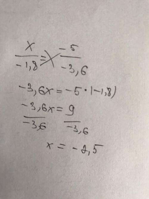  Найди неизвестный член пропорции: x/−1,8=−5/−3,6; x= 