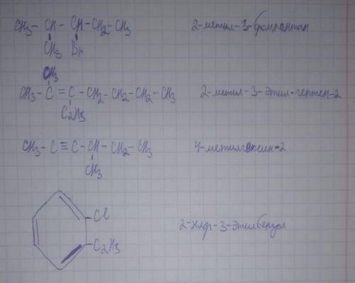 Напишите структурные формулы: 2-метил-3-бромпентана, 2-метил-3-этил-гептена-2, 4-метилгексина-2, 2-