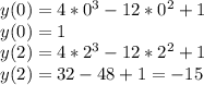 y(0)=4*0^3-12*0^2+1\\y(0)=1\\y(2)=4*2^3-12*2^2+1\\y(2)=32-48+1=-15