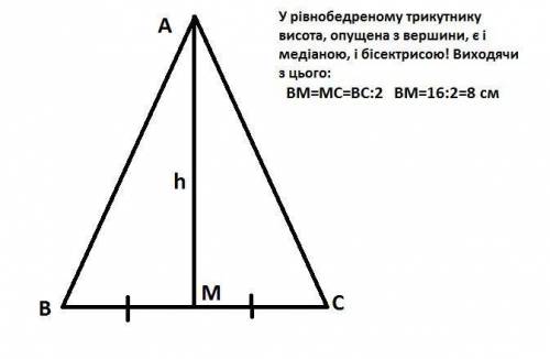  Висота рівнобедреного трикутника, яка проведена до основи, дорівнює 15 см, а основа – 16 см. Знайді