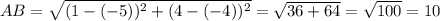 AB=\sqrt{(1-(-5))^{2}+(4-(-4))^{2}} =\sqrt{36+64} =\sqrt{100} =10\\