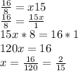 \frac{16}{8} =x15 \\\frac{16}{8} =\frac{15x}{1} \\15x*8=16*1\\120x=16\\x=\frac{16}{120} =\frac{2}{15}