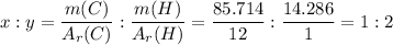 x:y = \dfrac{m(C)}{A_r(C)}:\dfrac{m(H)}{A_r(H)} = \dfrac{85.714}{12}:\dfrac{14.286}{1} = 1:2