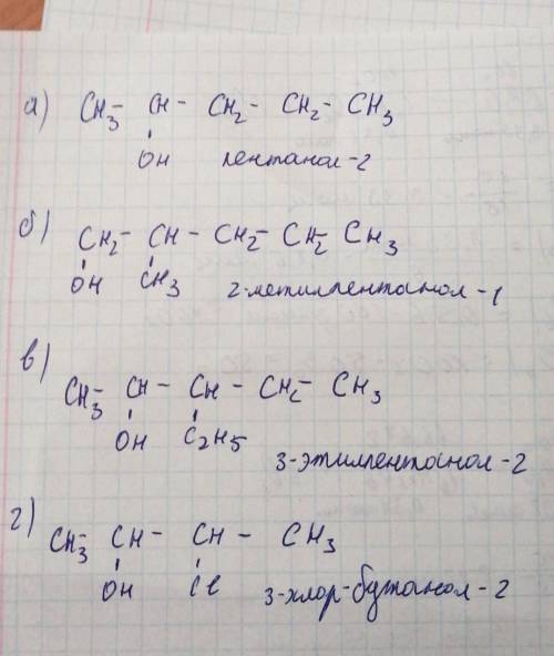 Напишіть структурні формули таких речовин: пентан-2-ол, 2-метил- пентан-1-ол, 3-етилпентан-2-ол, 3