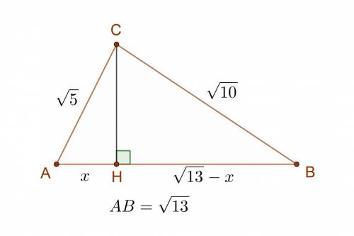 Знайдіть площу трикутника ABC, якщо AC = √5 см, ВС = √10 AB=√13.