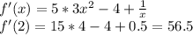 f'(x) = 5*3x^{2} -4 + \frac{1}{x} \\f'(2) = 15*4 - 4 +0.5 = 56.5