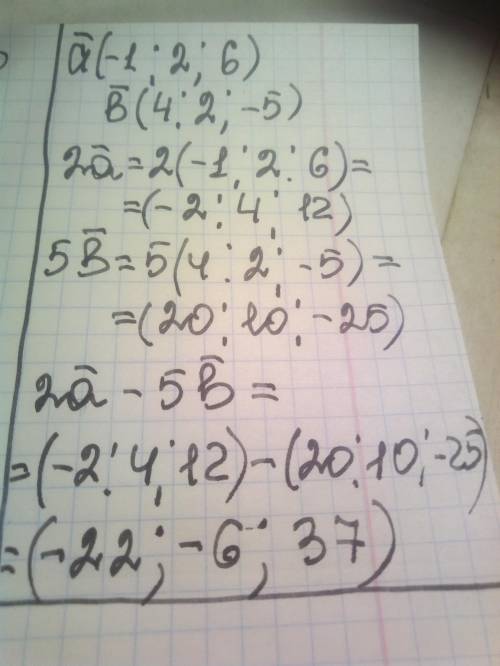  1) Даны векторы а =(-1:2;6) нь=(4:2-5)Найти координаты вектора 2 а-5 ь​ 