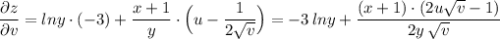 \dfrac{\partial z}{\partial v}=lny\cdot (-3)+\dfrac{x+1}{y}\cdot \Big(u-\dfrac{1}{2\sqrt{v}}\Big)=-3\, lny+\dfrac{(x+1)\cdot (2u\sqrt{v}-1)}{2y\, \sqrt{v}}