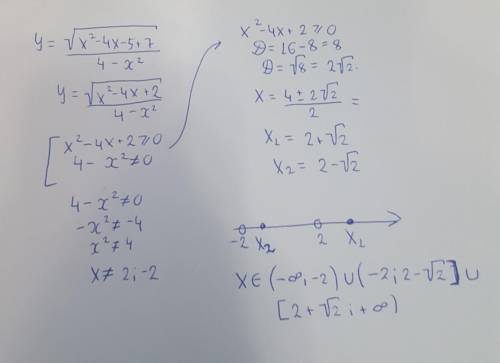 Знайдіть область визначення функції у= корінь х^2-4х-5+7/4-х^2