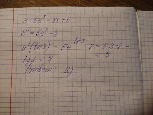  Тангенс угла наклона касательной, проведенной к графику функции y = 5e^x - 8x + 6 в точке x = In3 б