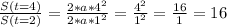 \frac{S(t=4)}{S(t=2)} = \frac{2*a*4^2}{2*a*1^2} = \frac{4^2}{1^2} = \frac{16}{1} = 16