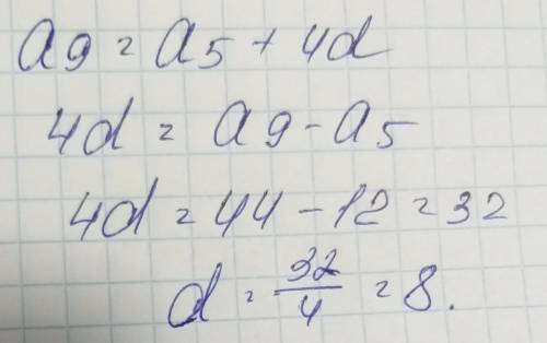 Знайдіть різницю арифметичної прогресії, якщо А5=12, а9=44.​
