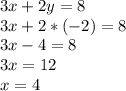 3x+2y=8\\3x+2*(-2)=8\\3x-4=8\\3x=12\\x=4