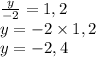  \frac{y}{ - 2} = 1,2 \\ y = - 2 \times 1,2 \\ y = - 2,4