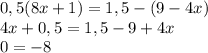 0,5(8x+1)=1,5-(9-4x)\\4x+0,5=1,5-9+4x\\0=-8