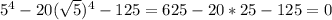 5^4 - 20 (\sqrt{5})^4 - 125 = 625 - 20 * 25 - 125 = 0