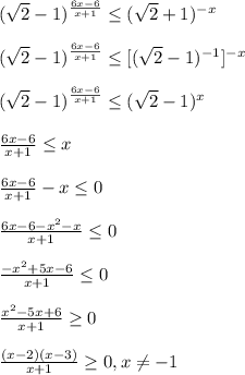 (\sqrt{2}-1)^{\frac{6x-6}{x+1}}\leq(\sqrt{2}+1)^{-x}\\\\(\sqrt{2}-1)^{\frac{6x-6}{x+1}}\leq [(\sqrt{2}-1)^{-1}]^{-x}\\\\(\sqrt{2}-1)^{\frac{6x-6}{x+1}} \leq (\sqrt{2}-1)^{x}\\\\\frac{6x-6}{x+1}\leq x\\\\\frac{6x-6}{x+1}-x\leq0\\\\\frac{6x-6-x^{2}-x }{x+1}\leq0\\\\\frac{-x^{2}+5x-6 }{x+1}\leq0\\\\\frac{x^{2}-5x+6 }{x+1}\geq0\\\\\frac{(x-2)(x-3)}{x+1}\geq 0,x\neq-1