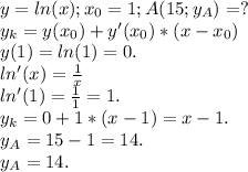 y=ln(x);x_0=1;A(15;y_A)=?\\y_k=y(x_0)+y'(x_0)*(x-x_0)\\y(1)=ln(1)=0.\\ln'(x)=\frac{1}{x}\\ln'(1)=\frac{1}{1}=1.\\ y_k=0+1*(x-1)=x-1.\\y_A=15-1=14.\\y_A=14.