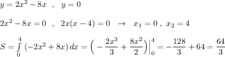 y=2x^2-8x\ \ ,\ \ y=0\\\\2x^2-8x=0\ \ ,\ \ 2x(x-4)=0\ \ \to \ \ x_1=0\ ,\ x_2=4\\\\S=\int\limits^4_0\; (-2x^2+8x)\, dx=\Big(-\dfrac{2x^3}{3}+\dfrac{8x^2}{2}\Big)\Big|_0^4=-\dfrac{128}{3}+64=\dfrac{64}{3}
